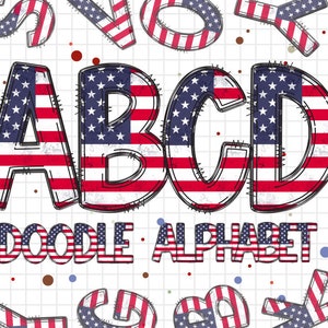 USA Alphabet Letters PNG Bundle, Patriotic American Flag Doodle Letters, Hand Drawn Alphabet Doodle, Sublimation Alpha Set Designs PNG