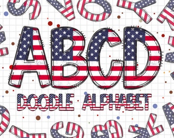 Paquete PNG de letras del alfabeto de EE. UU., Letras de doodle de bandera patriótica estadounidense, Doodle de alfabeto dibujado a mano, Diseños de conjuntos alfa de sublimación PNG