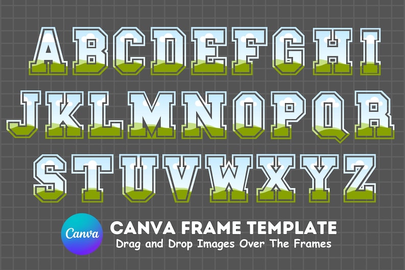Fill your own VARSITY Letters on CANVA with Commercial Use Allowed. Drag and Drop Alphaset Alphabet Letters PNG Editable Canva Frame Designs