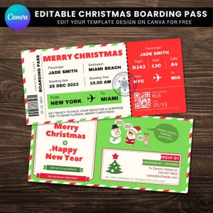 Modèle de carte d'embarquement de Noël, cadeau billet d'avion, révélation surprise de vacances, voyage surprise de Noël, modifiable, téléchargement immédiat, Canva