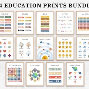 Posters éducatifs, 14 affiches d'école à la maison, salle de jeux pour tout-petits, chambre de bébé neutre, décoration Montessori pour salle de classe, impression d'art mural salle de jeux bohème.