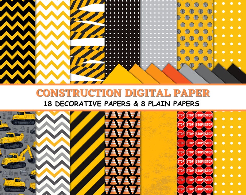 CONSTRUCTION Clipart and Papers Kit, tractor crane cone bulldozer tools hammer screwdriver, construction clipart Png, orange black papers