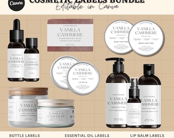May include: A set of printable cosmetic labels featuring a white background with black text. The labels are for various products, including body butter, essential oil, lip balm, soap, and jars. The labels feature the text "Vanilla Cashmere" and "Your Brand".