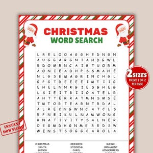 Pode incluir: Um quebra-cabeça de palavras com tema natalino com uma borda vermelha e verde. O título "CHRISTMAS WORD SEARCH" está no topo. Ilustrações do Papai Noel estão nos cantos superiores. O quebra-cabeça inclui uma lista de palavras natalinas.