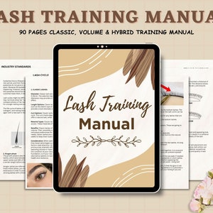 May include: A digital tablet displaying a lash training manual with the title "Lash Training Manual" in a brown and beige colour scheme. The manual is surrounded by floral illustrations.