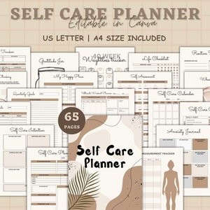 Puede incluir: Un planificador de autocuidado imprimible de 65 páginas, que incluye una variedad de plantillas y rastreadores para el establecimiento de objetivos, la gratitud, el seguimiento del peso, las listas de verificación de la vida, la autoevaluación, el seguimiento de la rutina, una rueda de la vida, objetivos trimestrales, intenciones de autocuidado, un calendario de autocuidado, una lista de verificación de autocuidado, un diario de ansiedad y un rastreador de medidas. El planificador está diseñado en un estilo minimalista con colores marrón y beige y una ilustración de hoja.