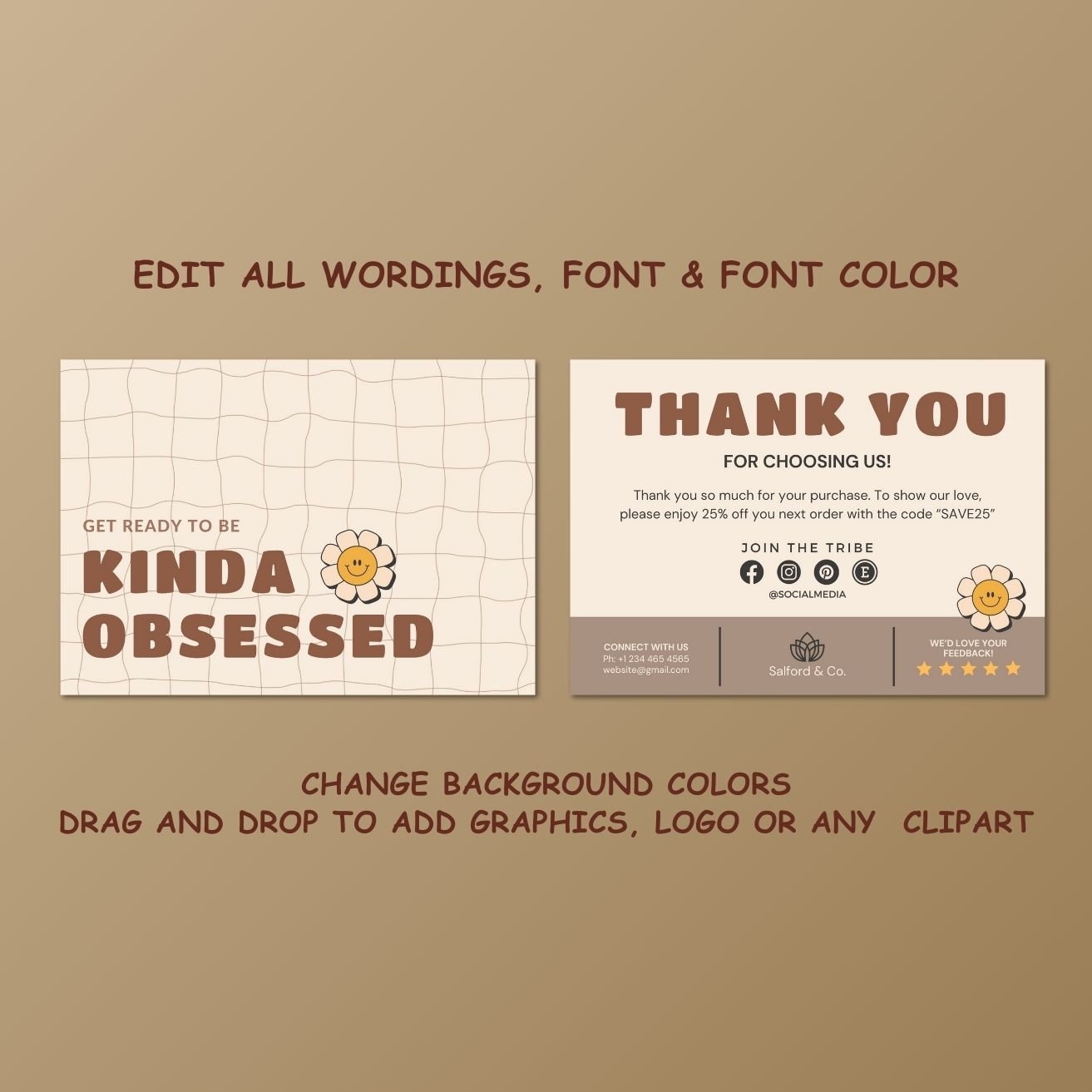 Retro Thank You Card Template, Editable Small Business 70s Groovy Thank ...