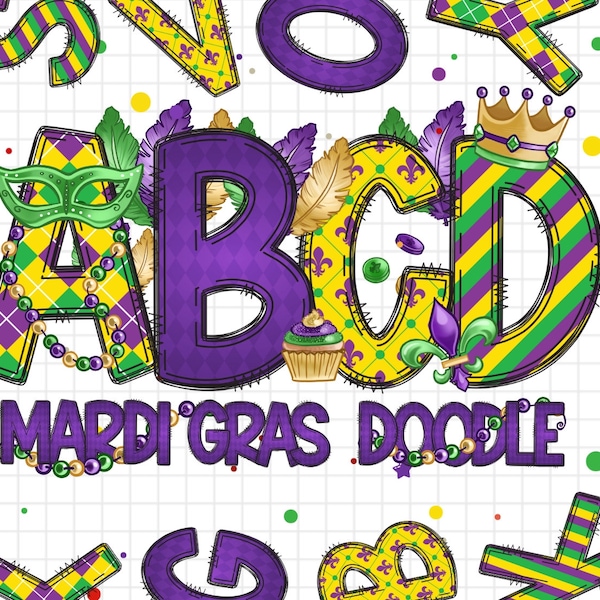 Make your own Name Mardi Gras Doodle letters, Clip Art PNG Files, Doodle Alpha Bundle Mari Gras Clipart Alphabet Doodle Set PNG, Doodle Art