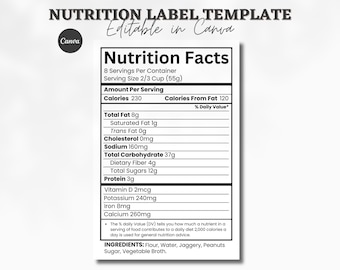 Información nutricional / Etiqueta nutricional editable / Imágenes prediseñadas de información nutricional SVG y PNG / Plantilla de información nutricional personalizada / Plantilla de información nutricional / Canva