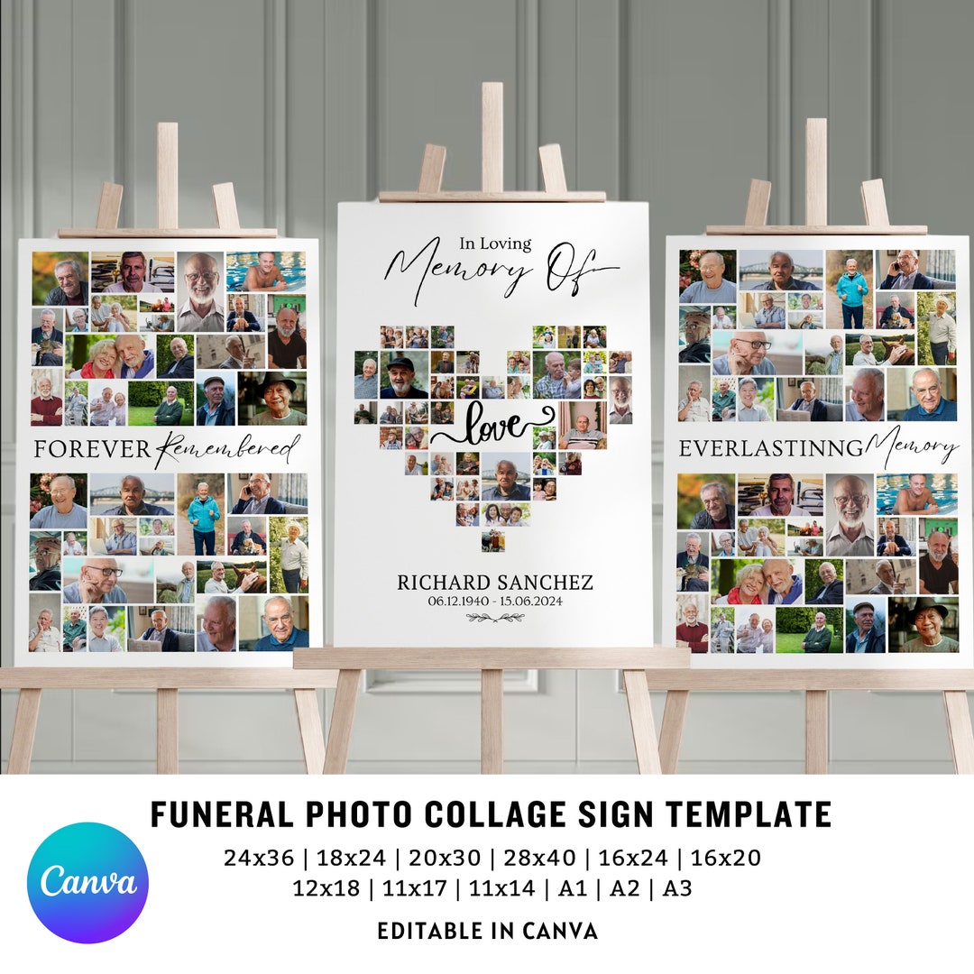 Memory College Funeral Heart Collage Templates, Memorial Poster Size, Funeral Welcome ...