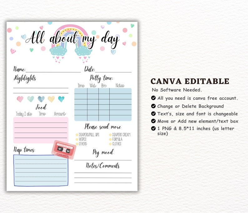 Boho Daycare Report Mail -Daycare Printable - Day Care Report - Daily Log - Daycare Log - Boho Daycare decor - Potty Log - Nap Schedule