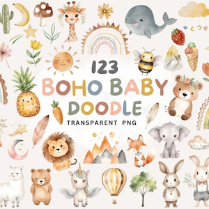 May include: A set of 23 watercolour illustrations featuring cute animals, rainbows, and other whimsical elements in a boho style. The illustrations are perfect for creating baby shower invitations, nursery decor, or other creative projects.