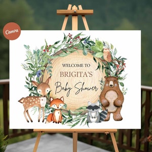 Modificabile Greenery Woodland Baby Shower Cartello di benvenuto. Decorazione stampabile rustica con animali della foresta. Foresta botanica, Canva modificabile