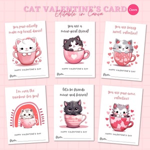 Cartes de Saint-Valentin chat imprimables, cartes de Saint-Valentin en classe Kittycorn pour enfants, étiquettes cadeaux de la Saint-Valentin, téléchargement instantané, Canva