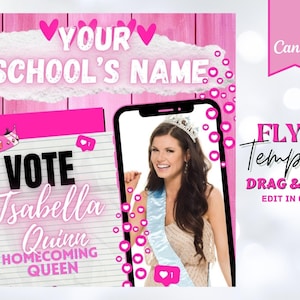 Editable Homecoming Vote For Me DIY Canva Flyer Template Beauty Queen High School Election Campaign 2023 Social Media Instagram Post