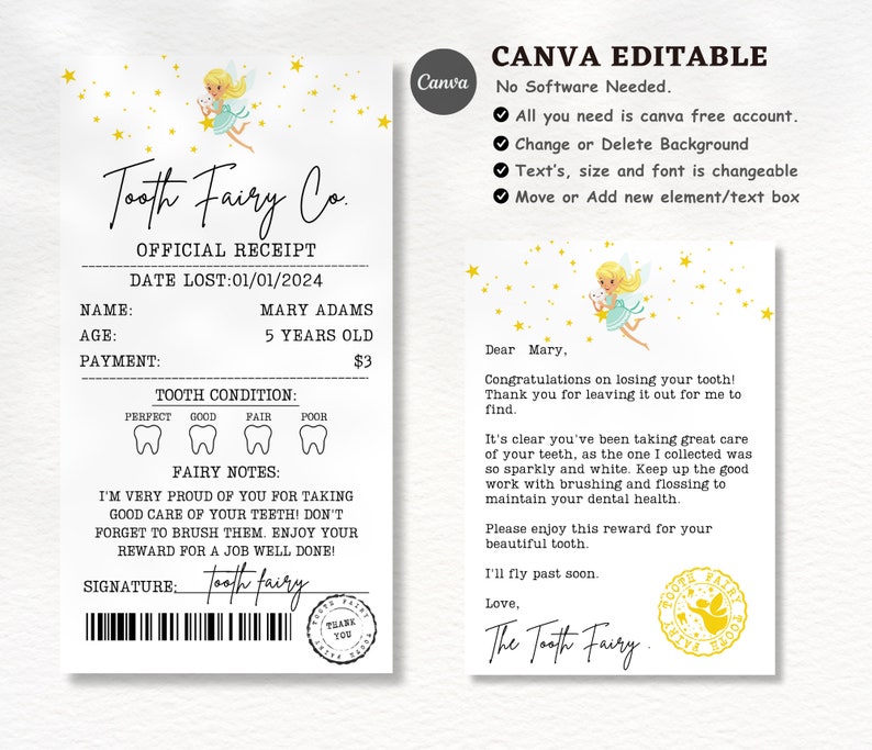 Editable Tooth Fairy Letter, Tooth Fairy Note, Tooth Fairy Receipt ...