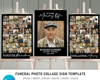 May include: A black and white funeral photo collage sign template with the text "In Loving Memory Of" and "Forever Remembered" and "Everlasting Memory". The template includes a large photo of a man and a collage of smaller photos. The template is editable in Canva and available in various sizes, including 24x36 inches, 18x24 inches, 20x30 inches, 28x40 inches, 16x24 inches, 16x20 inches, 12x18 inches, 11x17 inches, 14x11 inches, A1, A2, and A3.