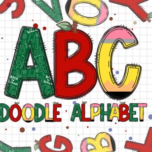Teacher Doodle letters, Back to School, Pencil Hand Drawn Doodle Alpha Bundle Patterned Numbers & Alphabet Doodle Set Sublimation Font PNG