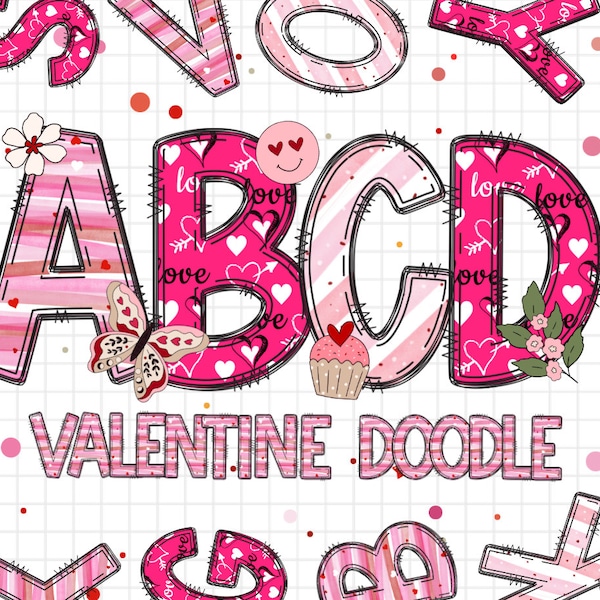 Valentines Doodle letters with Clip Art PNG Files, Make your own Name, Doodle Alpha Bundle, Valentines Day Clipart Alphabet Doodle Set PNG