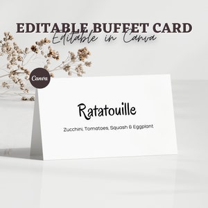 Minimale bearbeitbare Lebensmitteletiketten für Buffet, druckbare Lebensmittelkartenvorlage, Lebensmittelkarten-Zeltschilder, Duschfutter, neutrale Lebensmitteletiketten, Canva Edit