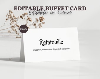 Etiquetas de alimentos mínimas editables para buffet, plantilla de tarjeta de alimentos imprimible, carteles de tienda de tarjetas de alimentos, comida para la ducha, etiquetas de alimentos neutros, edición de Canva