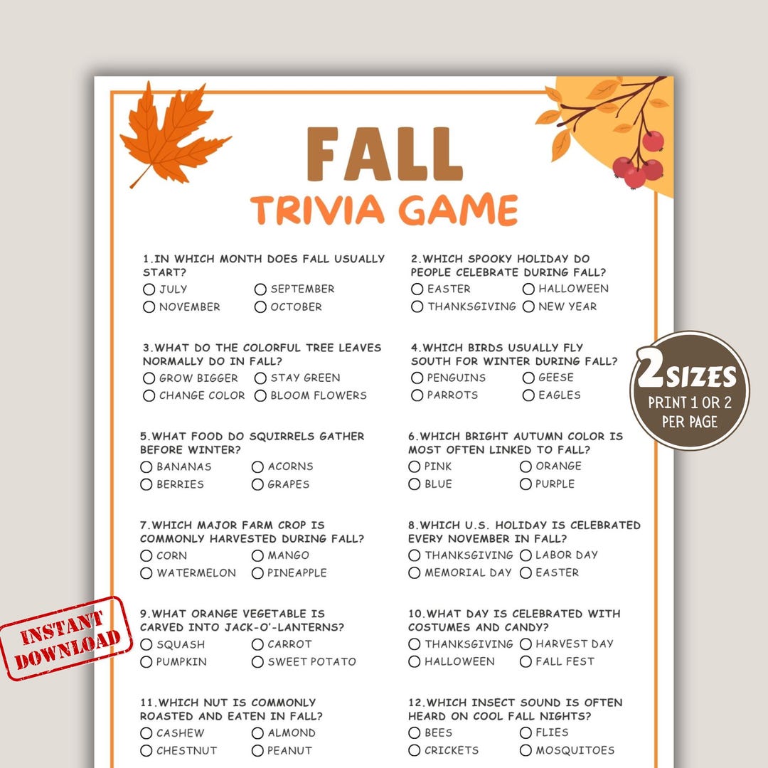 Fall Trivia Quiz Game, Autumn Party Game, Autumn Game for Adults & Kids ...