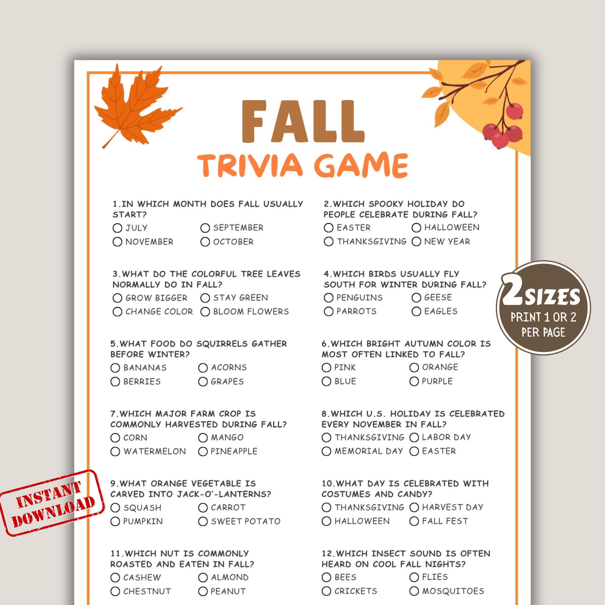 Fall Trivia Quiz Game, Autumn Party Game, Autumn Game for Adults & Kids ...