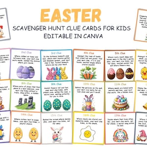 Easter scavenger hunt, Indoor Treasure Hunt, 18 Easter Kids scavenger hunt clues printable, Easter riddles home scavenger hunt for kids.