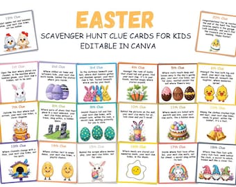 Easter scavenger hunt, Indoor Treasure Hunt, 18 Easter Kids scavenger hunt clues printable, Easter riddles home scavenger hunt for kids.