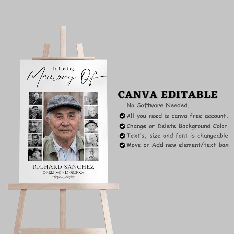 Funeral Photo Collage Sign Templates, Memorial Poster Size, Funeral Welcome Sign Template, Celebration of Life, In Loving Memory, Canva.