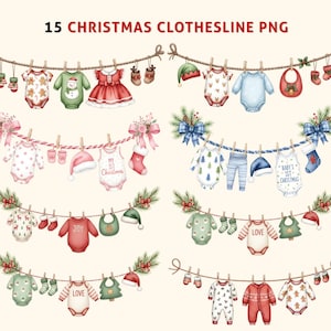 Puede incluir: Ilustración en acuarela de ropa de bebé y decoraciones navideñas colgadas en tendederos. La imagen incluye bodies, vestidos, gorros y calcetines con diseños festivos. El texto "15 CHRISTMAS CLOTHESLINE PNG" está en la parte superior.