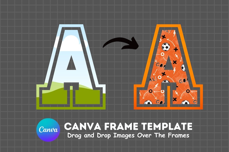 Fill your own VARSITY Letters on CANVA with Commercial Use Allowed. Drag and Drop Alphaset Alphabet Letters PNG Editable Canva Frame Designs