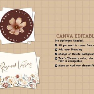 Puede incluir: Una plantilla digital para una lista de tienda Etsy, con un dise&ntilde;o floral y el texto "Reservado". La plantilla es editable en Canva, permitiendo a los usuarios personalizar el texto, los colores y el fondo.