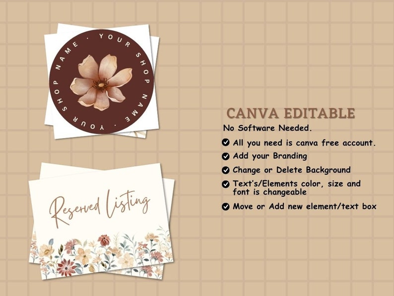 Puede incluir: Una plantilla digital para una lista de tienda Etsy, con un dise&ntilde;o floral y el texto "Reservado". La plantilla es editable en Canva, permitiendo a los usuarios personalizar el texto, los colores y el fondo.