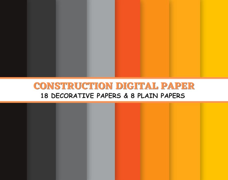 CONSTRUCTION Clipart and Papers Kit, tractor crane cone bulldozer tools hammer screwdriver, construction clipart Png, orange black papers
