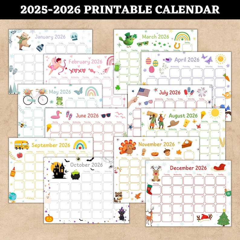 2026 Calendar Printable, Cute Kids Calendar 2026, Kids' Monthly Planner ...
