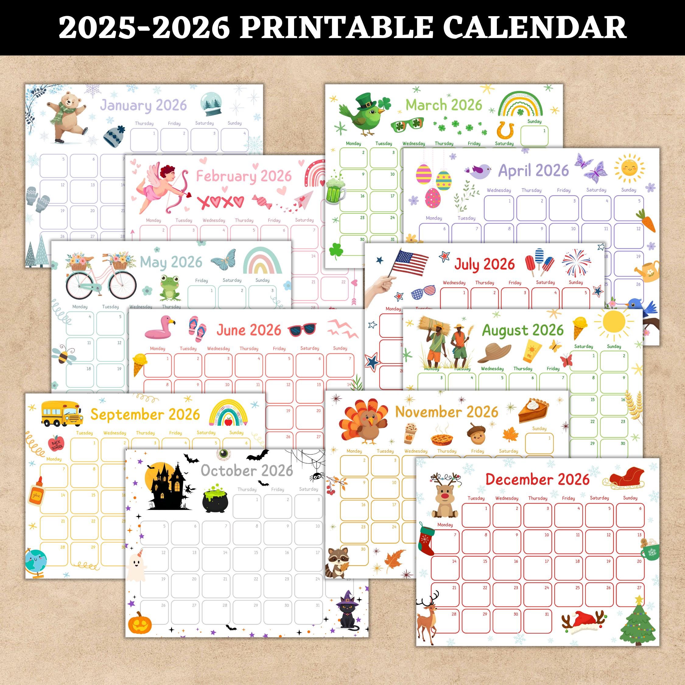 2026 Calendar Printable, Cute Kids Calendar 2026, Kids' Monthly Planner ...