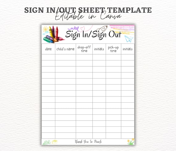Crayons Sign In / Sign Out Sheet, Daycare Sign in Sheet, Preschool sheet, Mother's Day Out, Summer Camp, Home daycare, Daycare Printable.