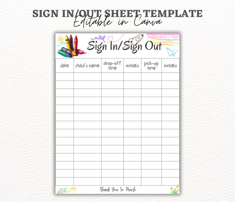 Crayons Sign In / Sign Out Sheet - Daycare Sign In Sheet - Preschool - Mother's Day Out - Summer Camp - Home daycare - Daycare Printable