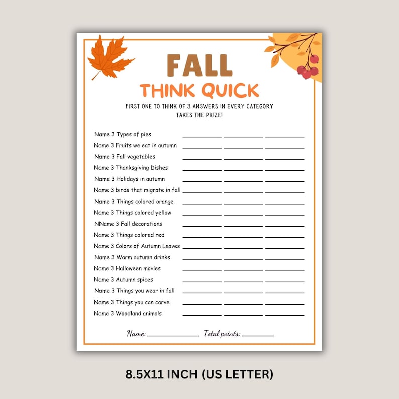 Fall Think Fast Game, Fall Which Came First, fall Season, autumn party game, Autumn Match Up Trivia Game, family game activity, fall holiday games, Game night, Think Quick Trivia Game.
