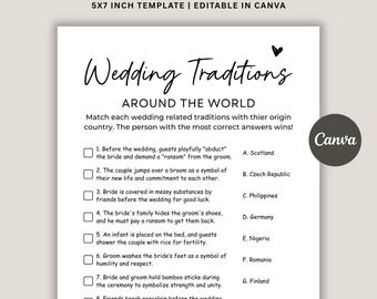 May include: A white 5x7 inch wedding trivia template with the title "Wedding Traditions Trivia" in a decorative font. The template includes questions about wedding traditions around the world, with answer choices. The Canva logo is visible.