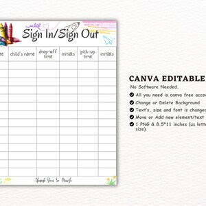 Crayons Sign In / Sign Out Sheet - Daycare Sign In Sheet - Preschool - Mother's Day Out - Summer Camp - Home daycare - Daycare Printable