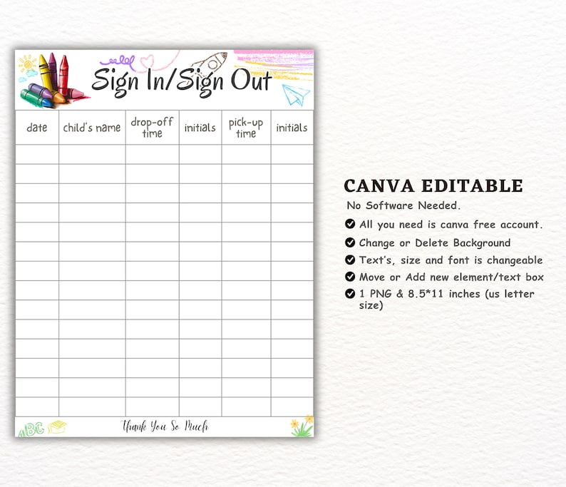 Crayons Sign In / Sign Out Sheet - Daycare Sign In Sheet - Preschool - Mother's Day Out - Summer Camp - Home daycare - Daycare Printable