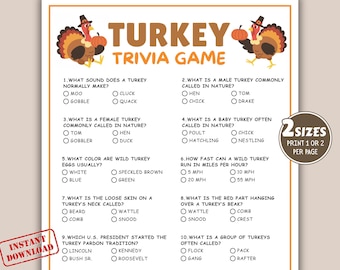 Peut inclure: Un jeu de trivia imprimable sur le thème de Thanksgiving, avec des questions à choix multiples sur les dindes. Le jeu présente des dindes de dessins animés et le texte "Turkey Trivia Game". Comprend des options pour imprimer un ou deux jeux par page.