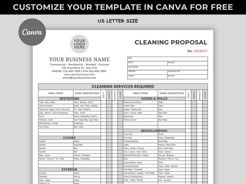 Cleaning Proposal Template, Basic Editable Commercial Cleaning, Cleaning Service Proposal, Canva template, Housekeeping, Cleaning Contract