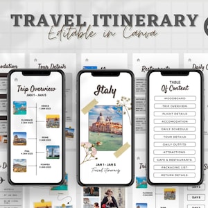 Modelo editável de itinerário de viagem, planejador de viagem, guia de viagem para impressão, download de modelo digital, guia de viagem digital, modelo Canva