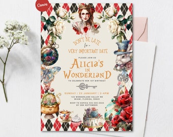 Alice in Wonderland Invitation Template, Alice in wonderland 1st Birthday Invite, Mad Tea Party, EDITABLE Printable, Canva Editable