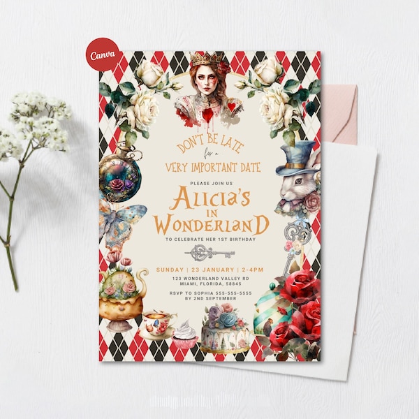 Alice in Wonderland Invitation Template, Alice in wonderland 1st Birthday Invite, Mad Tea Party, EDITABLE Printable, Canva Editable