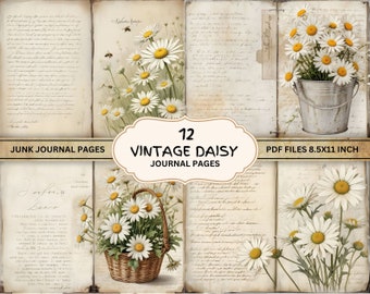 Daisy Journal Kit, 12 Digital Junk Journal Pages, junk journal daisy, Daisy flowers paper 11 x 8.5, Printable Journal Ephemera, Paper Craft