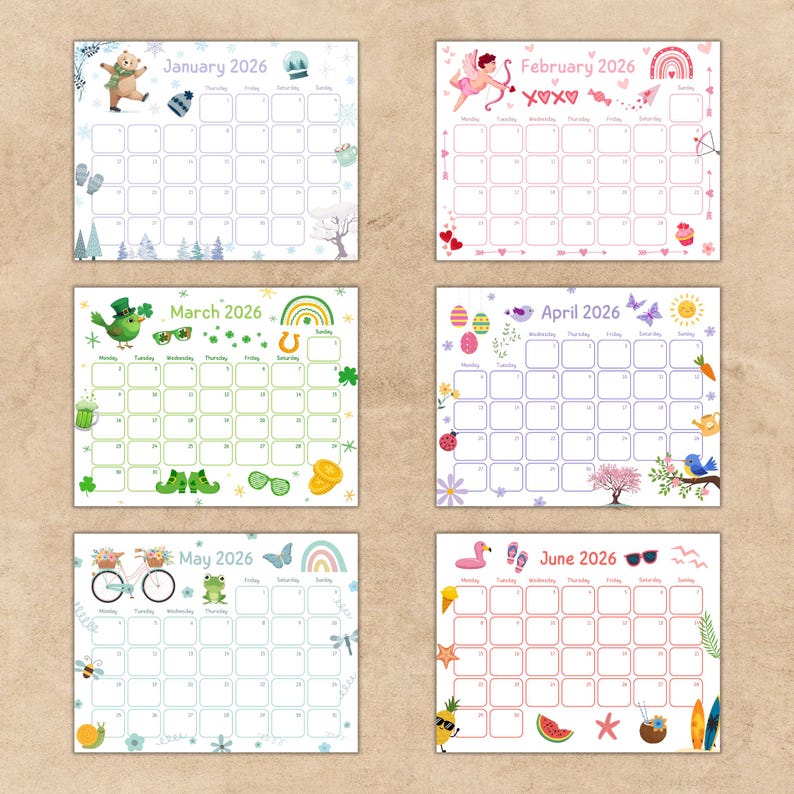 2026 Calendar Printable, Cute Kids Calendar 2026, Kids' Monthly Planner ...